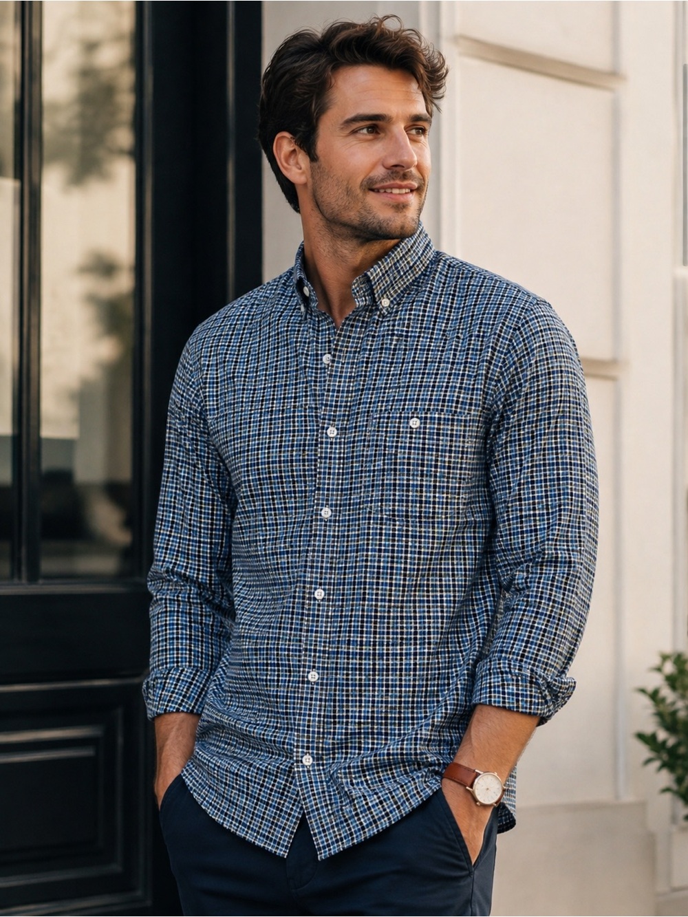 GUESS Men’s Blue Plaid Button Down Shirt Long Sleeve Casual Preppy *